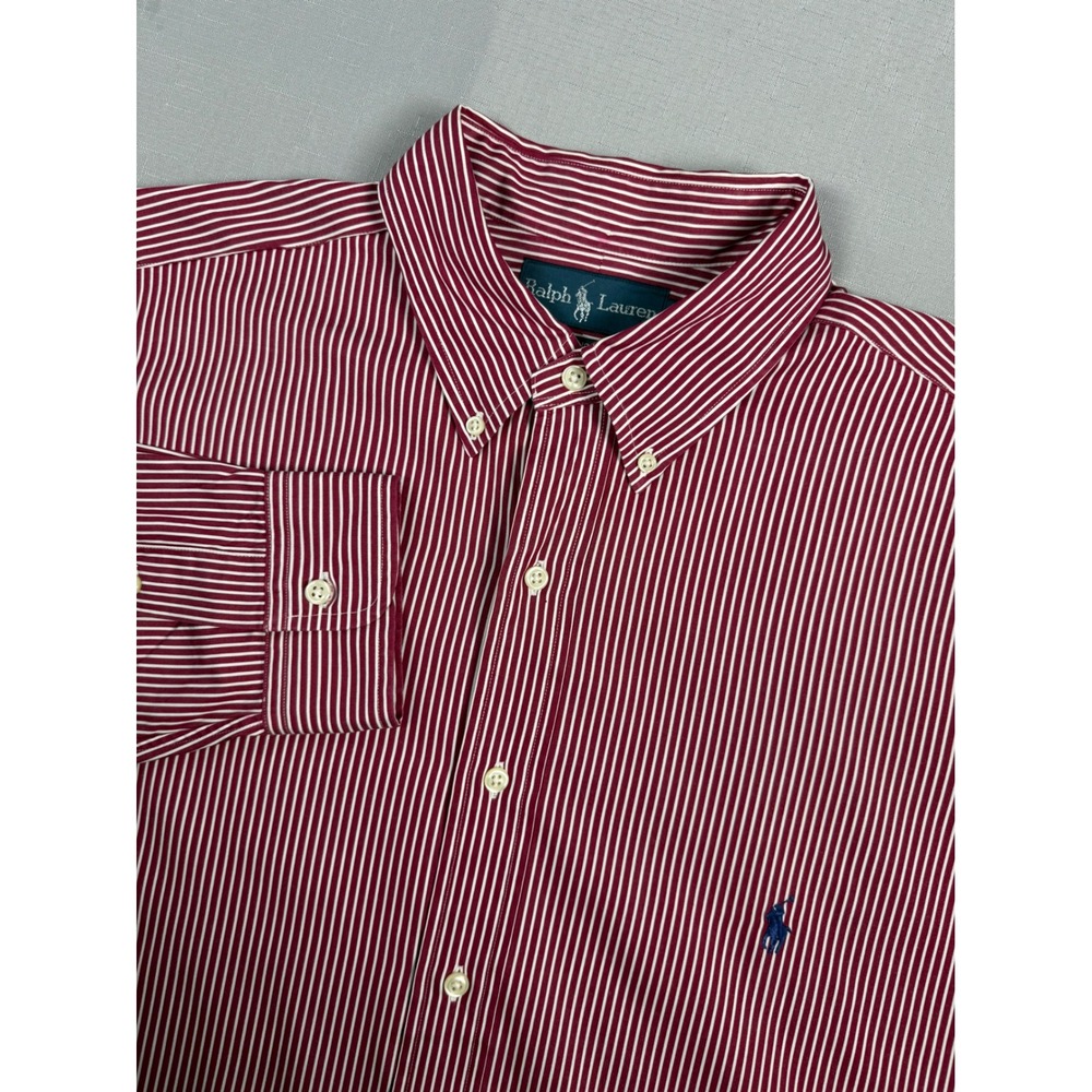 Polo Ralph Lauren Mens LT Tall Classic Fit Burgundy White Striped Button Shirt